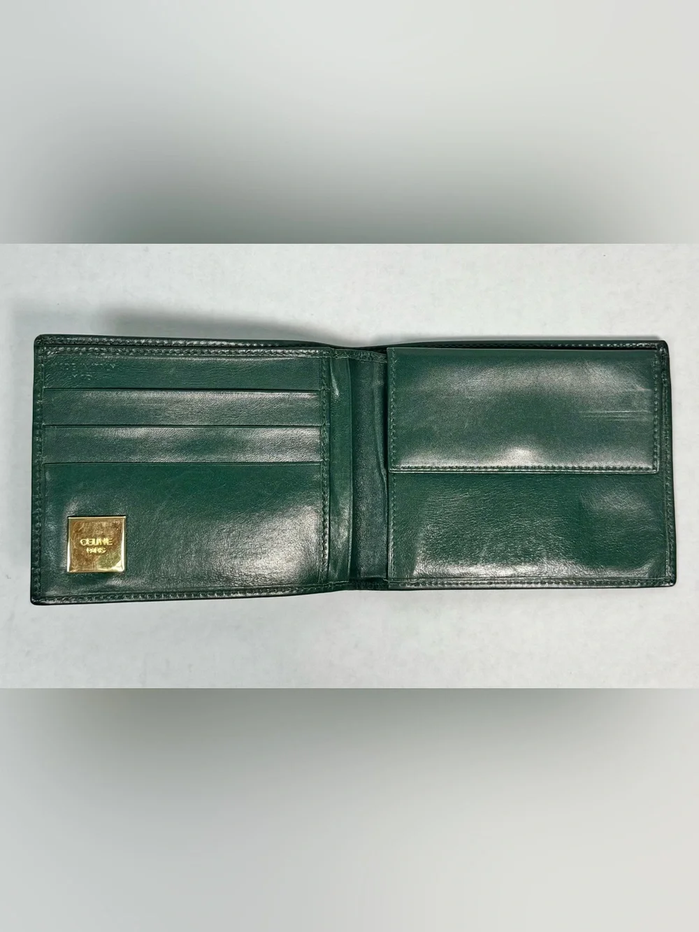 Celine Paris Vintage Green Leather Bifold Wallet Gold Logo Unisex